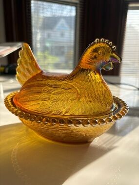 Indiana Glass Amber Iridescent Hen on Nest Candy Dish